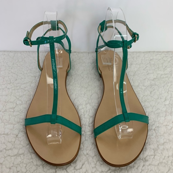 MaxMara Women's Turquoise Patent Leather Flat T-Strap Sandals Size 40/10 - Picture 1 of 9